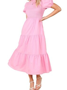 Petal & Pup Pink Smocked Tiered Midi Dress Size Large Short Sleeve